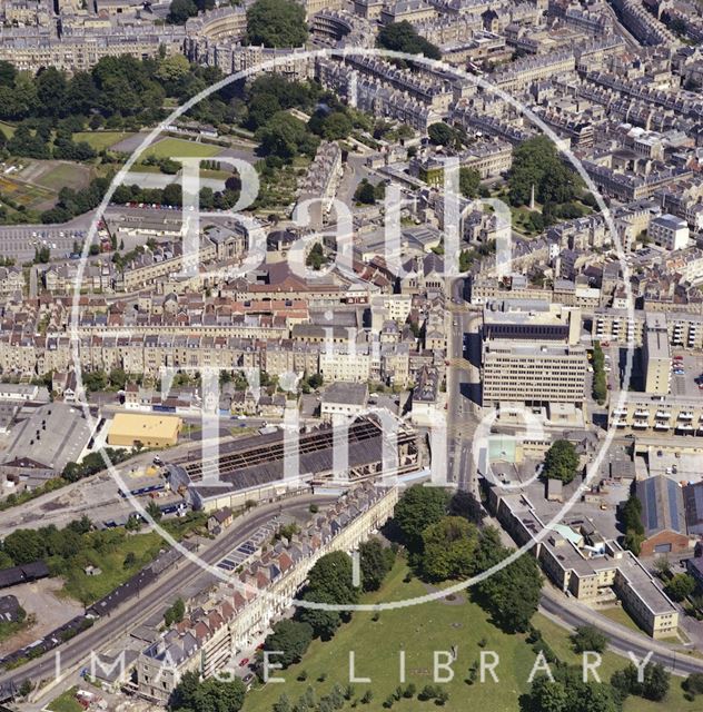 Aerial view of Bath showing the unrestored Green Park Station, looking towards Queen Square 1981