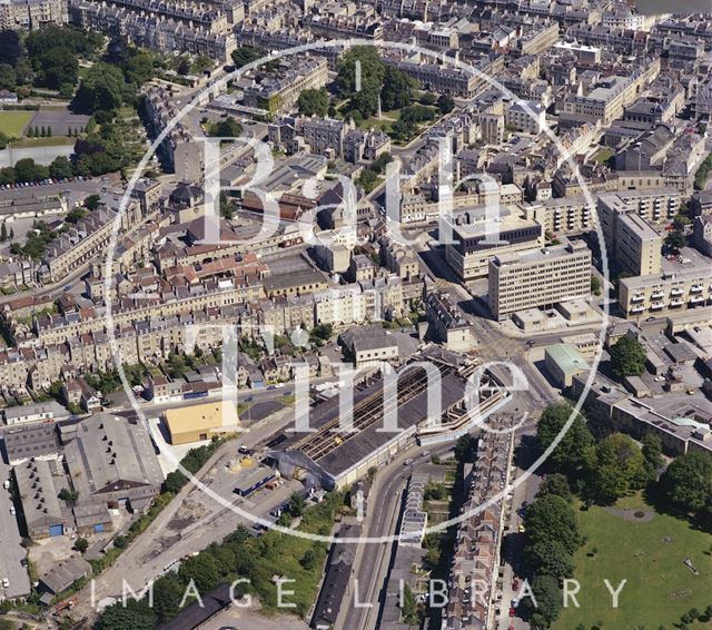 Aerial view of Bath showing the unrestored Green Park Station, looking towards Queen Square 1981