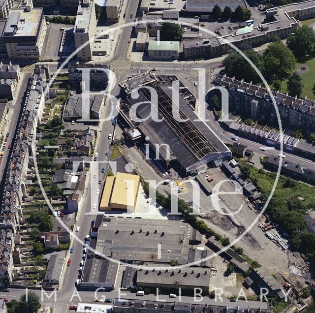 Aerial view of Bath showing the unrestored Green Park Station 1981