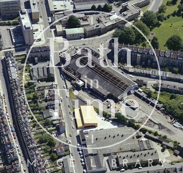 Aerial view of Bath showing the unrestored Green Park Station 1981