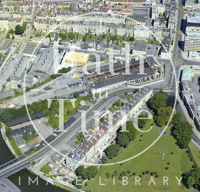 Aerial view of Bath showing the unrestored Green Park Station and Green Park Buildings 1981