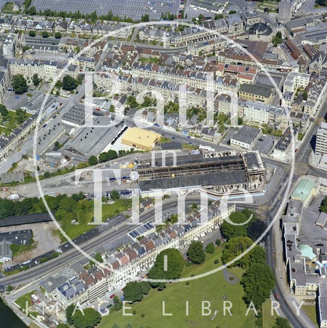 Aerial view of Bath showing the unrestored Green Park Station and Green Park Buildings 1981