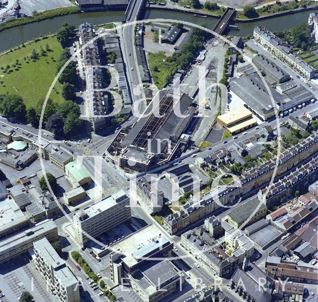 Aerial view of Bath showing the unrestored Green Park Station, Green Park Buildings and New King Street 1981