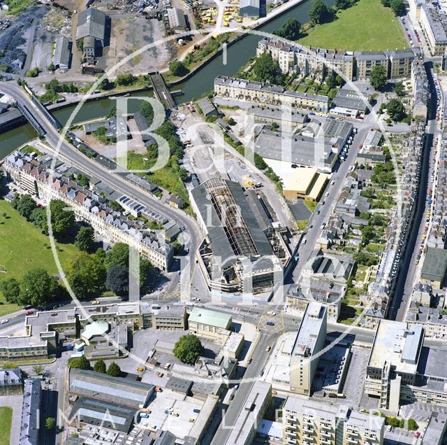 Aerial view of Bath showing the unrestored Green Park Station and New King Street 1981