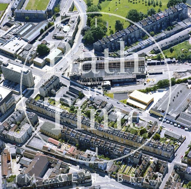 Aerial view of Bath showing the unrestored Green Park Station and New King Street 1981