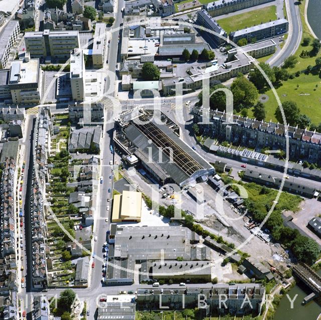 Aerial view of Bath showing the unrestored Green Park Station, Green Park Buildings and New King Street 1981