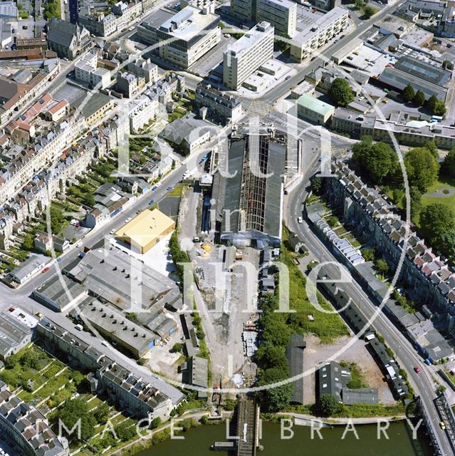 Aerial view of Bath showing the unrestored Green Park Station, Green Park Buildings and New King Street 1981