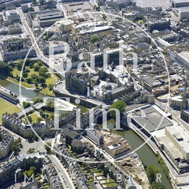 Aerial view of Bath showing the site of the still to be build Podium Centre, the river and city centre 1981