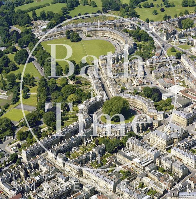 Aerial view of Bath showing The Circus, Brock Street and Royal Crescent 1981