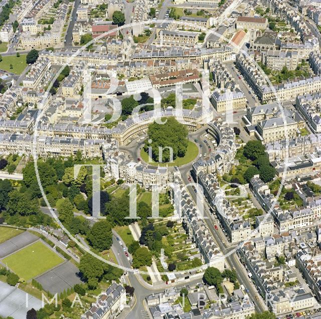 Aerial view of Bath showing The Circus, Gay Street and Brock Street 1981