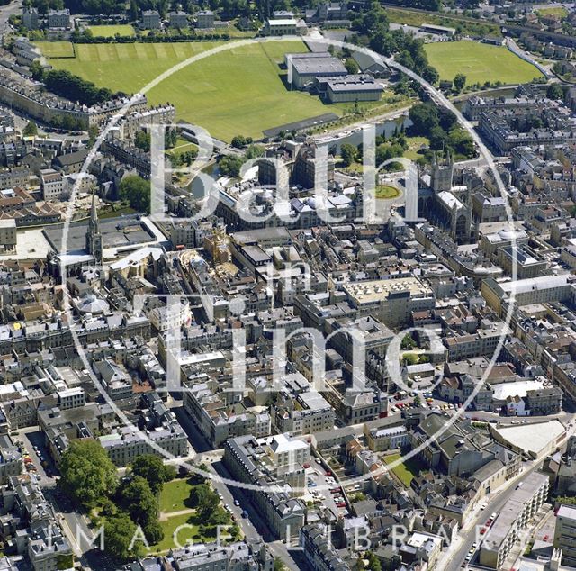 Aerial view of Bath showing the Theatre Royal, Sawclose, Abbey, Empire Hotel and Recreation Ground 1981