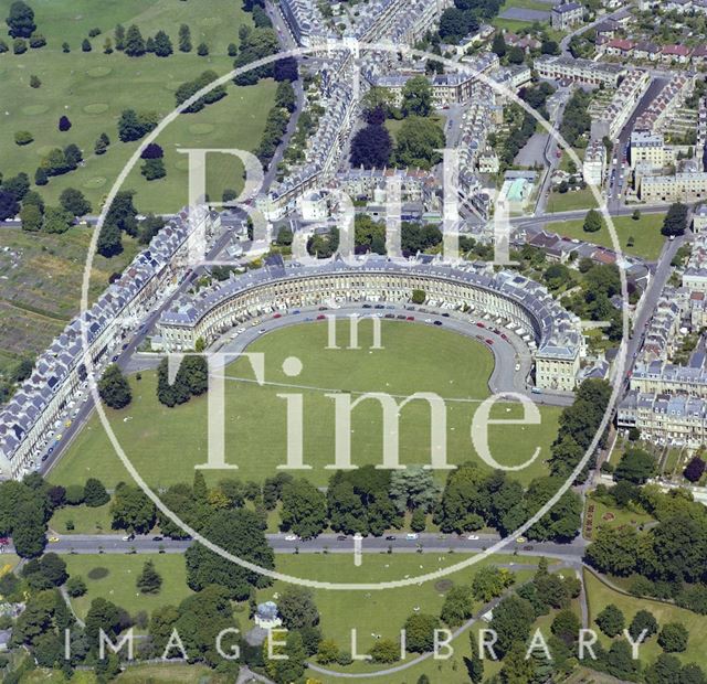 Aerial view of Bath showing Royal Crescent and Crescent Fields with St. James's Square behind 1981