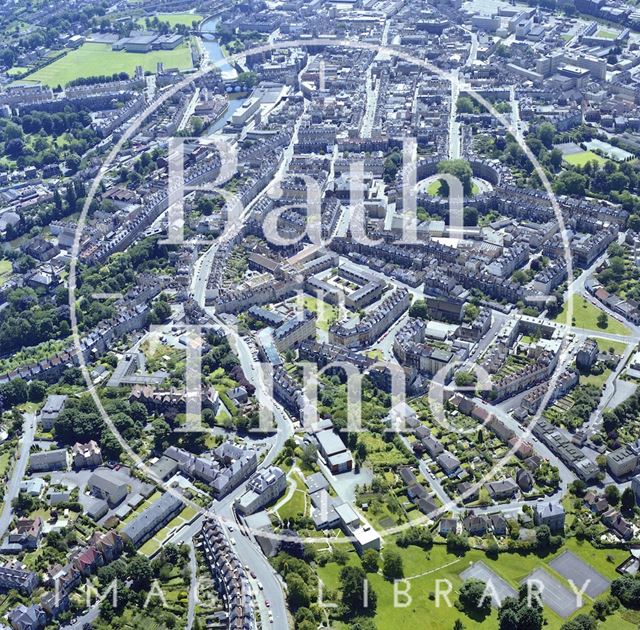 Aerial view of Bath from Lansdown looking towards The Circus and city centre 1981