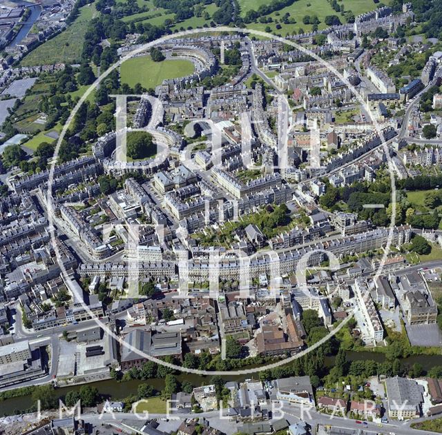 Aerial view of Bath from the River Avon, across the Paragon to The Circus and Royal Crescent 1981