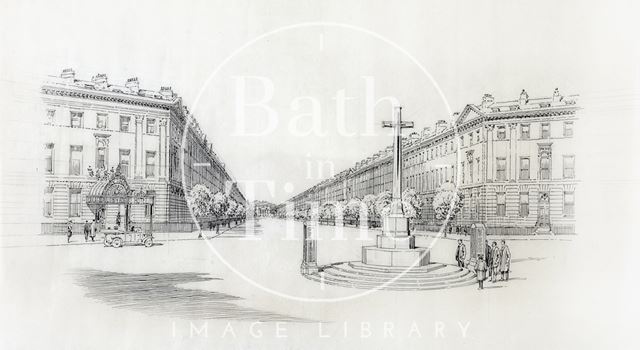 Traced sketch of Laura Place with proposed cross and war memorial in place of fountain, Bath 1920