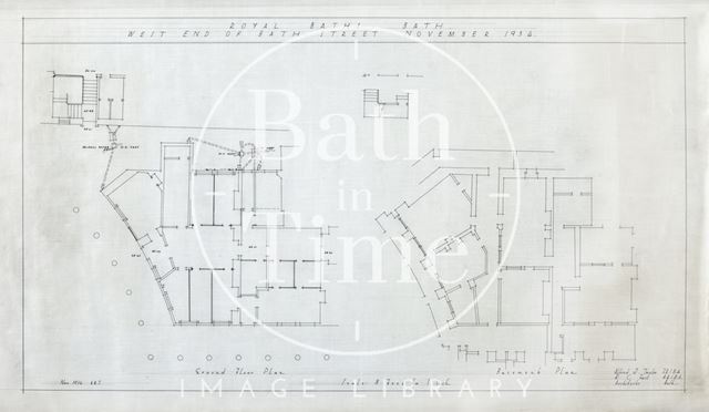 Royal Baths, west end of Bath Street, Bath - ground floor and basement plans - A.J. Taylor 1934