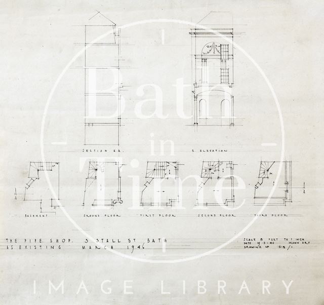 The Pipe Shop, 3, Stall Street, Bath - section, elevation & plan 1946