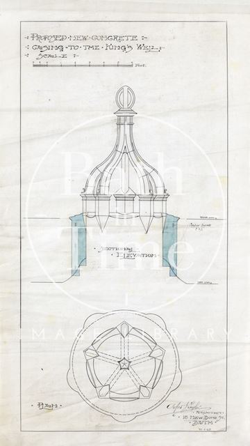 Proposed new concrete casing to the King's Well, Bath - elevation & plan. A.J. Taylor 1907