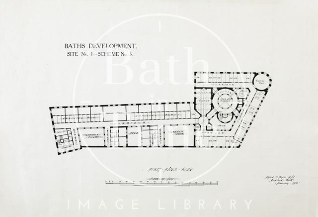 Baths development, York Street, Terrace Walk, Orange Grove, Bath - site No. 1, scheme No. 3 - first floor plan - A.J. Taylor 1914