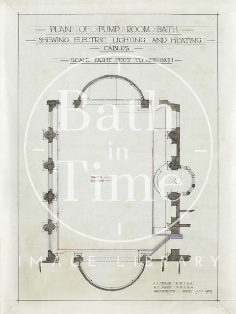 Plan of Pump Room, Bath showing electric lighting and heating cables - A.J. Taylor & A.C. Fare 1929