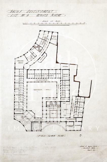 Baths development - Grand Pump Room Hotel site, Stall Street & Bath Street, Bath - first floor plan - site No. 2, revised scheme - A.J. Taylor 1913