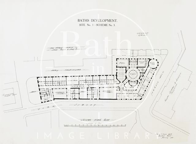 Baths development - ground floor plan - York Street, Terrace Walk, Orange Grove development, Bath - site No. 1, scheme No. 3 - A.J. Taylor 1914