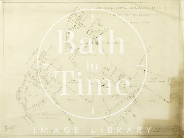 Municipal Libraries, Bath - survey of entrance - basement, ground & first floor - A.J. Taylor 1937