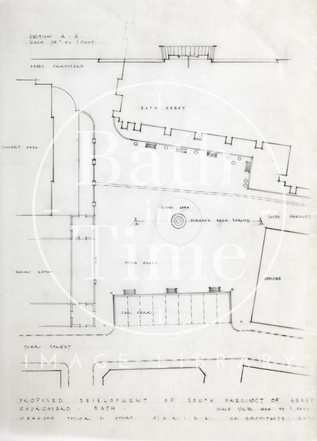 Proposed development of south precinct of Abbey Church Yard, Bath - section, plan - Gerrard, Taylor & Partners 1950s?