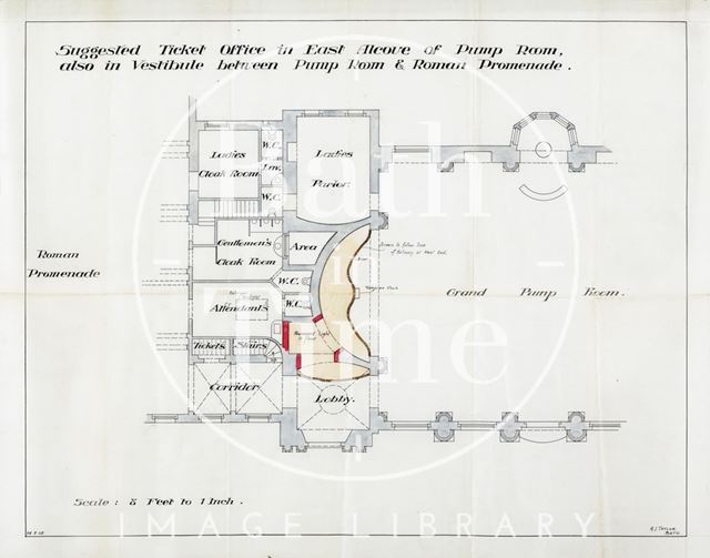 Suggested ticket office in east alcove of Pump Room, Bath, also vestibule between Pump Room and Roman promenade - A.J. Taylor 1908