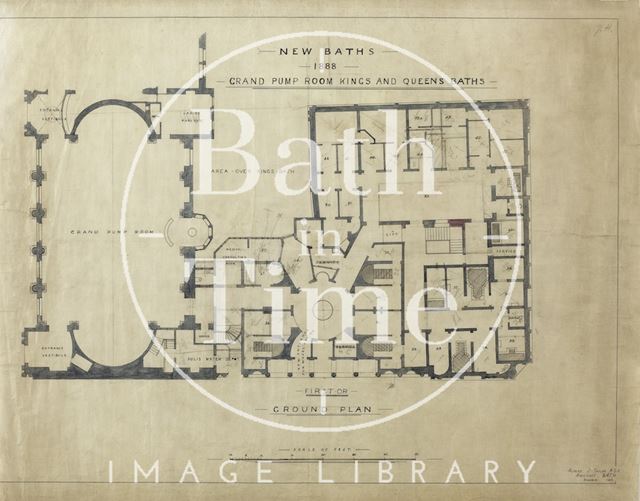 New baths 1888, Grand Pump Rooms, King's & Queen's Baths, Bath - ground floor plan - A.J. Taylor 1913