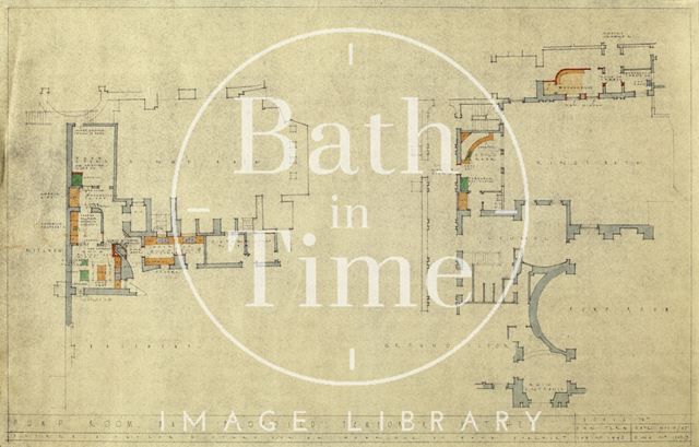 Pump Room, Bath, proposed temporary kitchen - basement, ground floor plan - DWG1502/9 - A.J. Taylor & Partners 1947