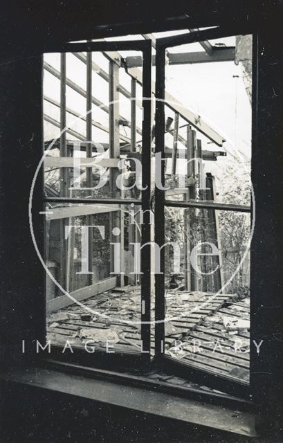 Looking through the window of a bomb damaged 32, Sydney Buildings, Bath 1942