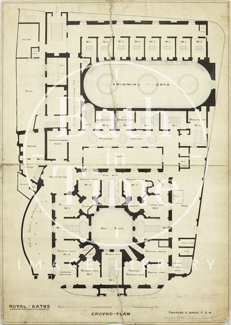 Plans of Royal Baths Beau Street Baths and Hot Bath, Bath - ground plan - Charles E. Davis 1863