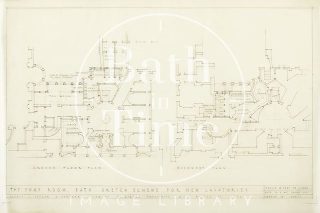 Pump Room, Bath, sketch scheme for new lavatories - basement & ground floor plan - 1502/1 - A.J. Taylor & Partners 1946