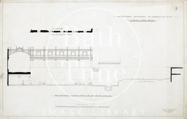 Additional buildings in connection with Grand Pump Room, Bath, No. 5 - east elevation of Queen's Bath, plan - Charles E. Davis 1890?