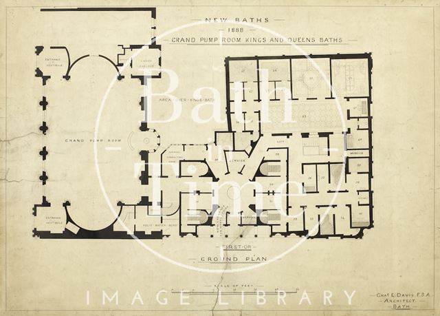 New baths 1888, Grand Pump Rooms, King's & Queen's Baths, Bath - ground floor plan - Charles E. Davis pre-1913