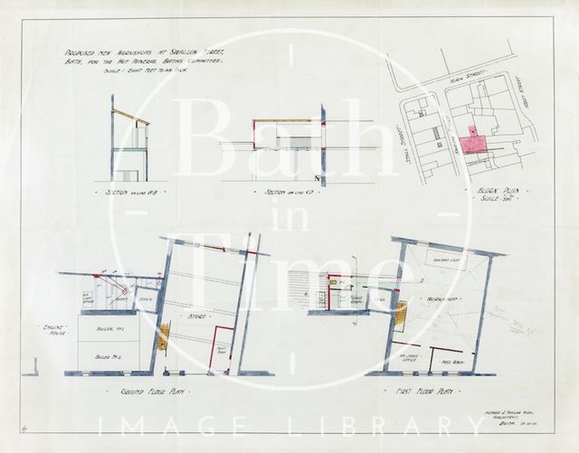 Proposed new workshops at Swallow Street for Hot Mineral Baths Cttee., Bath - sections, plans, block plan - A.J. Taylor 1911