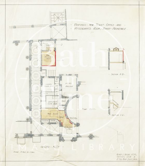 Proposed new ticket office and attendant's room, Roman Promenade, Bath - ground floor plan and sections - A.J. Taylor 1909