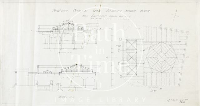 Proposed covering over Kingston Baths, Bath - sections and plan - A.J. Taylor around 1923