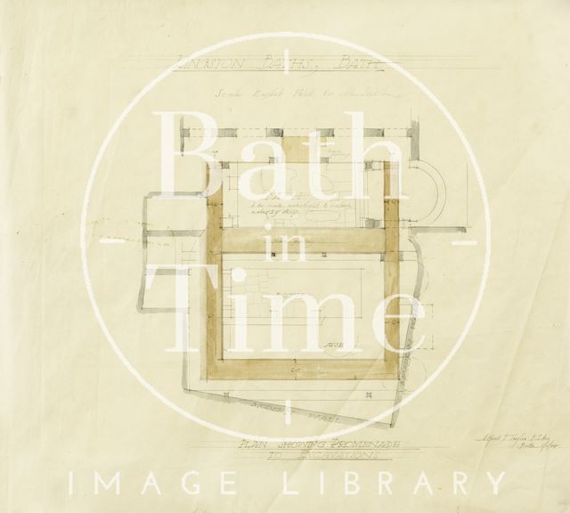 Kingston Baths, Bath - plan showing promenade to excavations - A.J. Taylor 1924