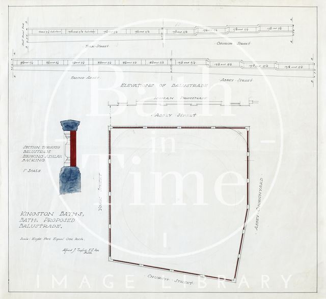 Kingston Baths, Bath - proposed balustrade - elevation, plan, section - A.J. Taylor around 1923