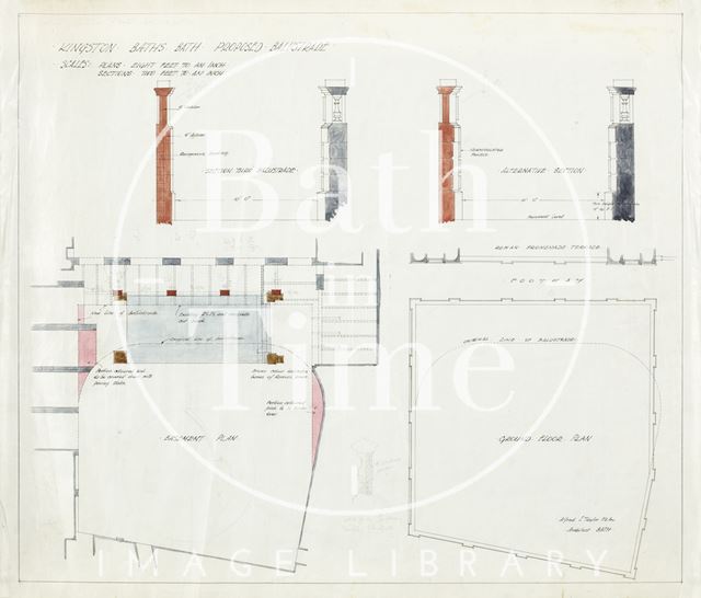 Kingston Baths, Bath - proposed balustrade - plan, section - A.J. Taylor around 1923