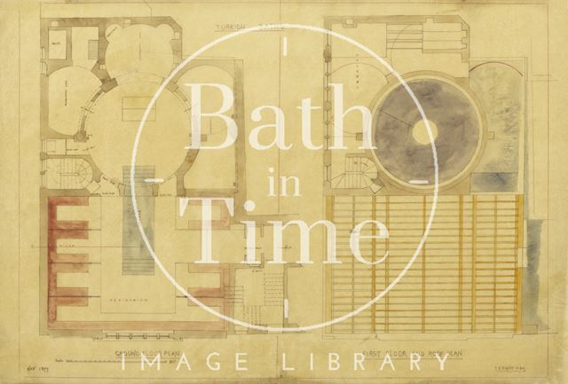 Turkish Baths Kingston Baths, Bath - ground floor, first floor and roof plan - Charles E. Davis 1877