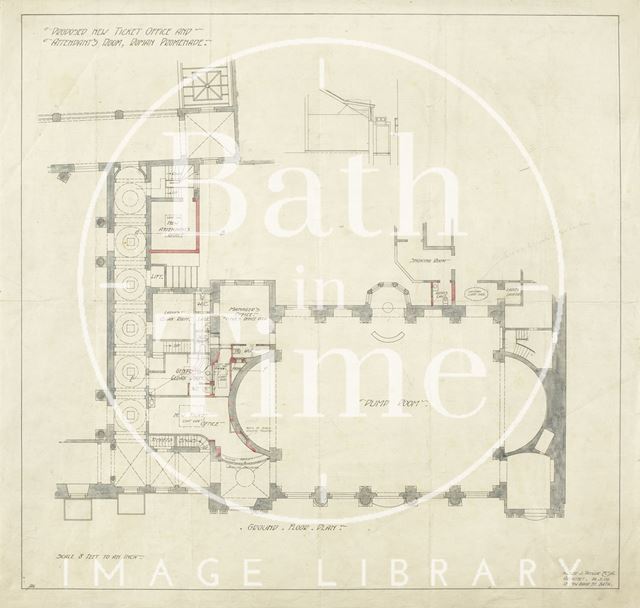 Proposed new ticket office and attendant's room, Roman Promenade, Bath - ground floor plan and sections - A.J. Taylor 1909