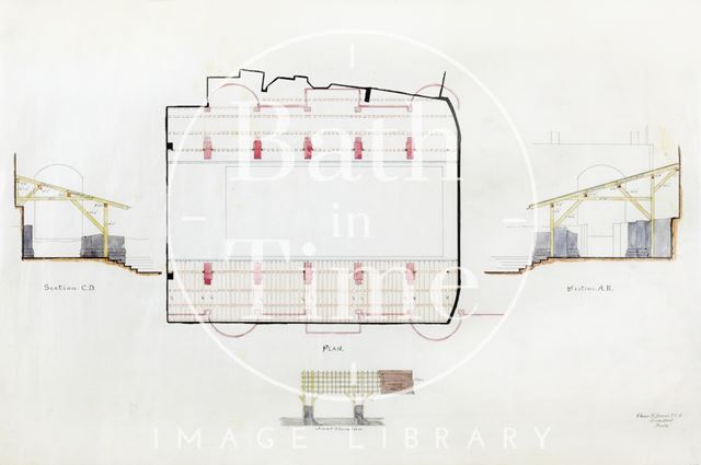 Plan, section & elevation of temporary roof covering pavement around Roman Baths, Bath - Charles E. Davis 1880