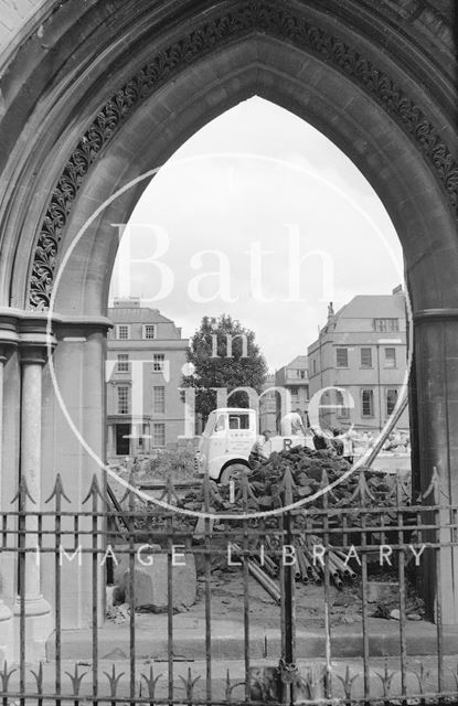 Looking through the east door of St. Andrew's Church, Julian Road during demolition, Bath c.1958