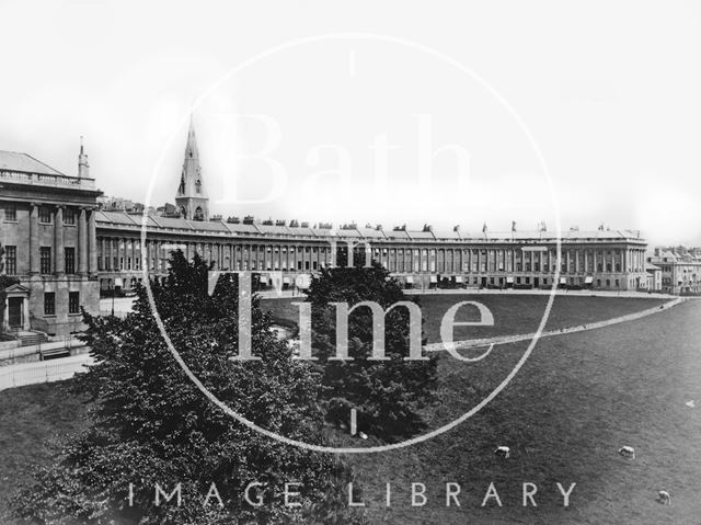 Royal Crescent with grazing sheep and St. Andrew's spire seen behind, Bath c.1900