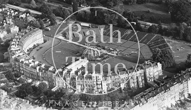 Aerial view of Royal Crescent, Bath seen from behind, showing the lawn being set out for a major event 1992