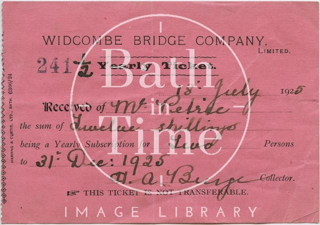 Half yearly ticket for the Widcombe Bridge, Bath 1925