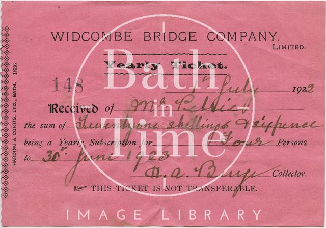 Yearly ticket for the Widcombe Bridge, Bath 1922